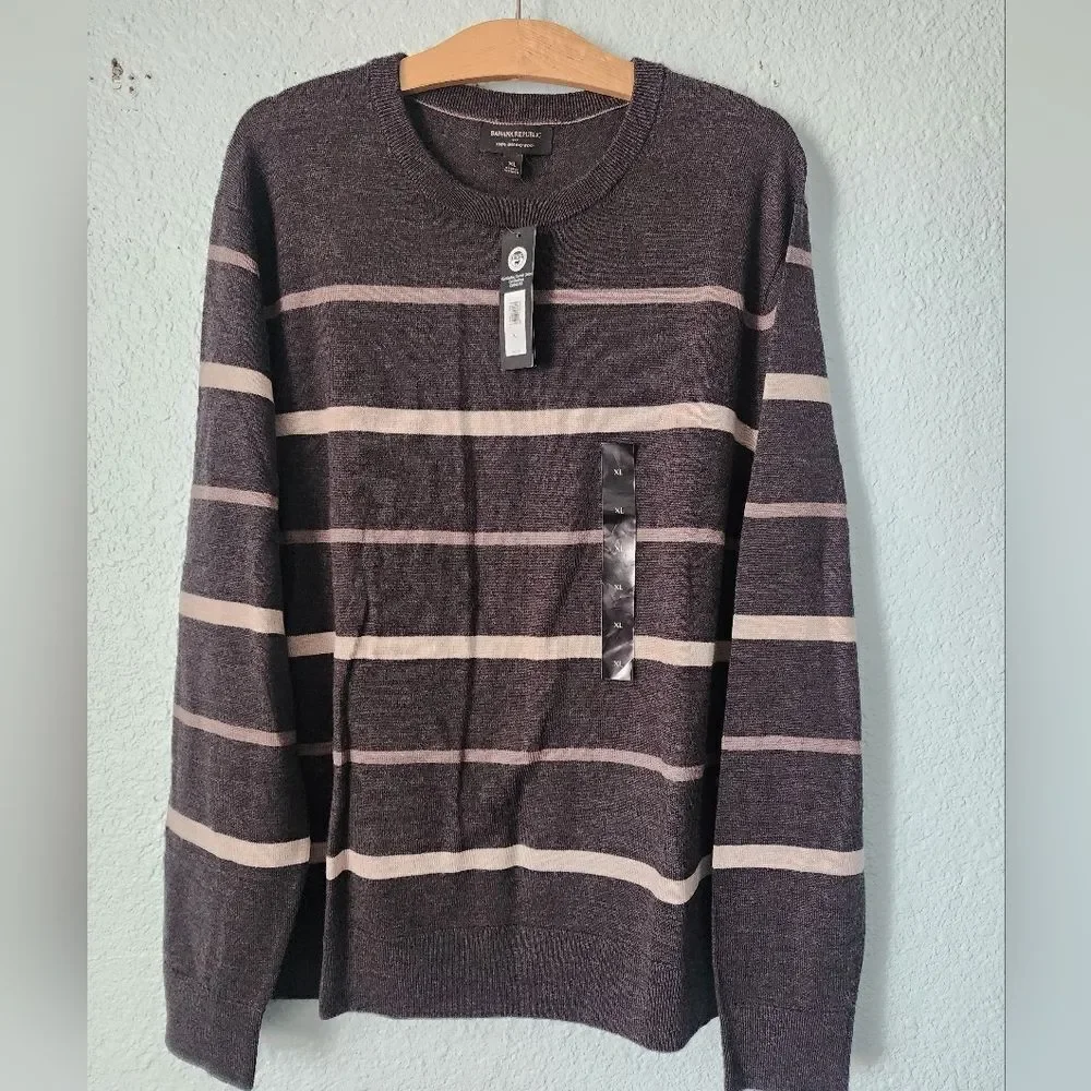 Banana Republic Men's Crewneck Sweater Wool- Dark Brown and Light Beige Stripes